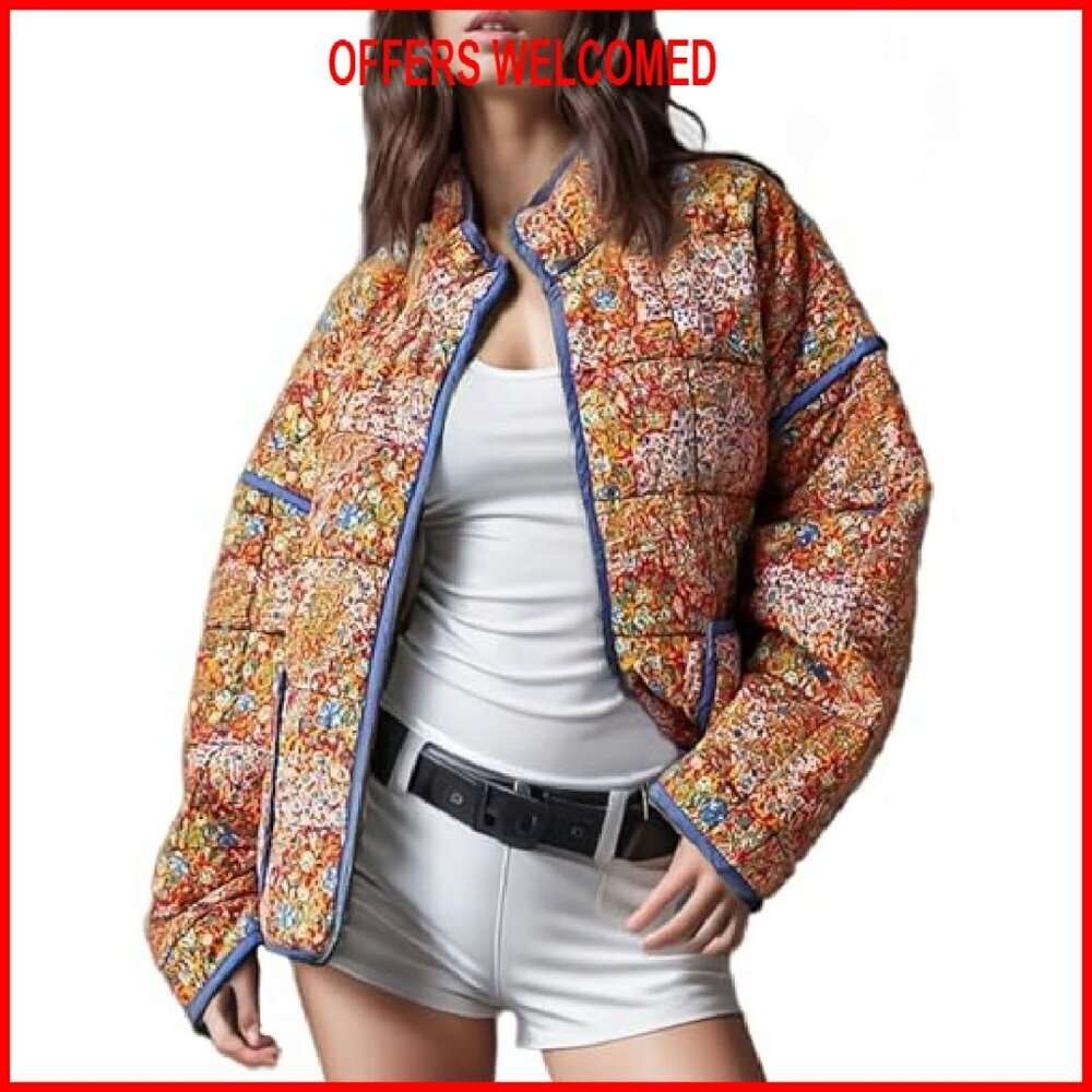 Women's Cropped Quilted Jacket Lightweight Padded Open Front Cardigan - Picture 2 of 8